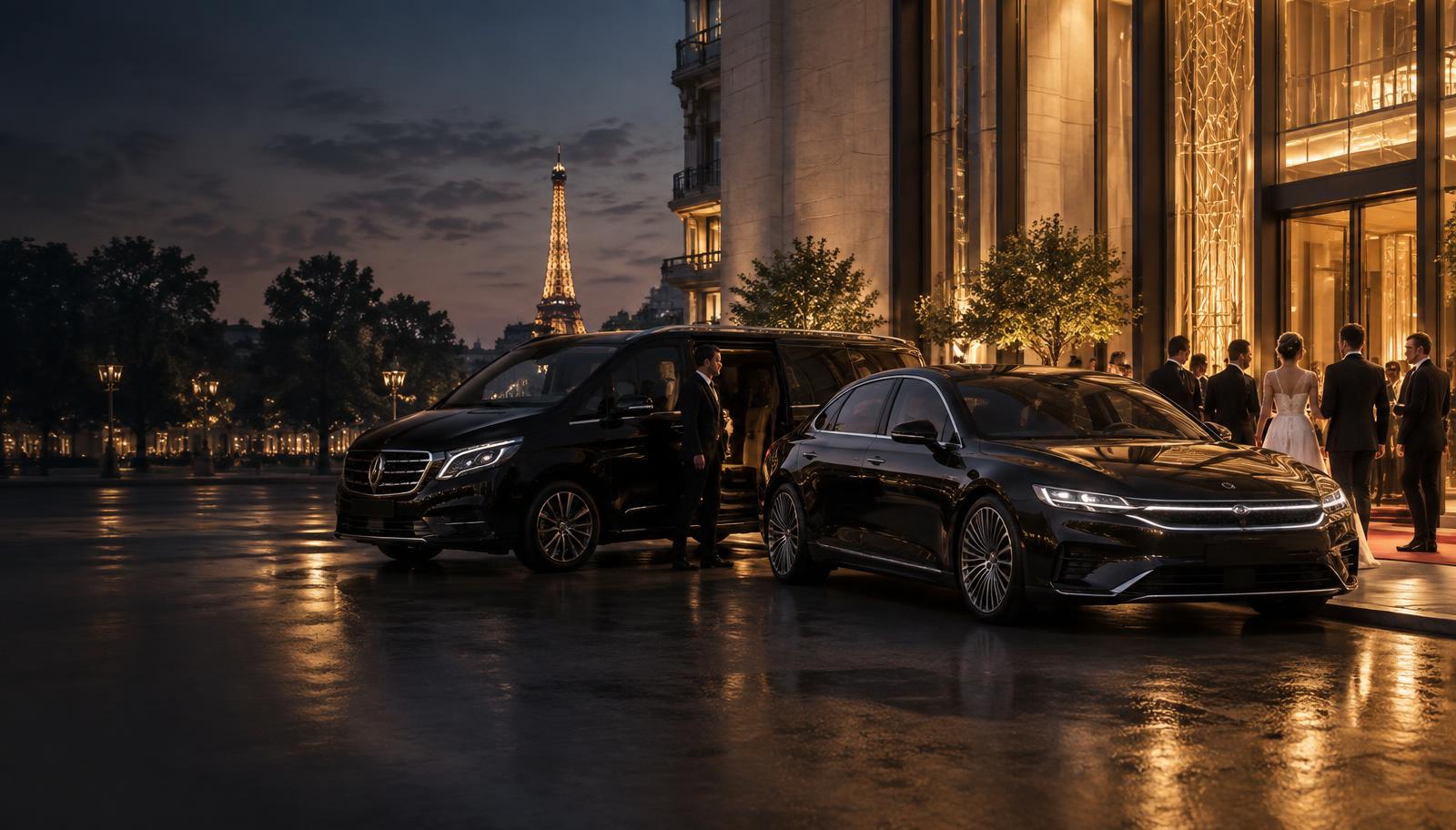 Véhicules avec chauffeurs devant un lieu de réception parisien